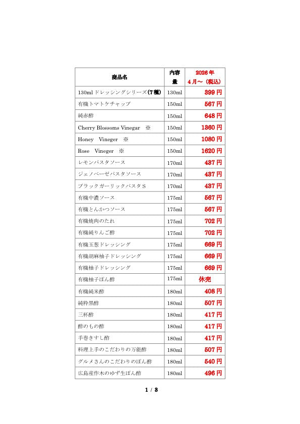 2026年4月1日~値上げ一覧 – センナリ おいしさ研究所 大地：有機JAS